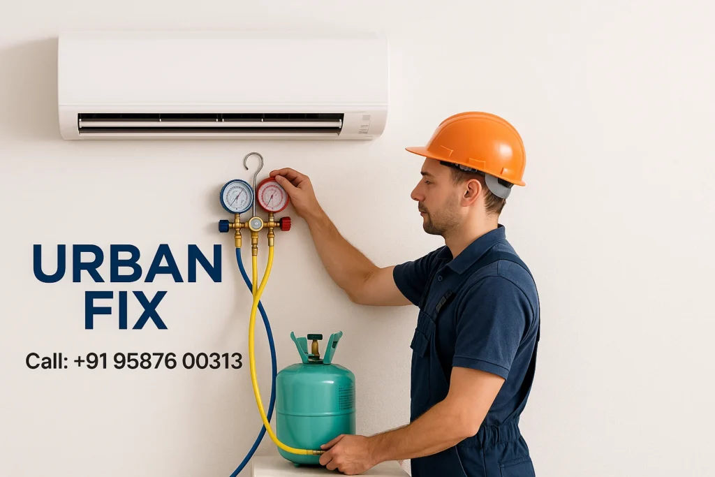 Technician refilling AC gas in a split air conditioner – Urban Fix AC Service Bikaner