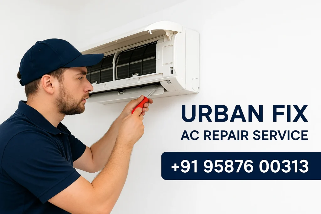 Technician repairing split AC unit – Urban Fix AC Repair Service in Bikaner