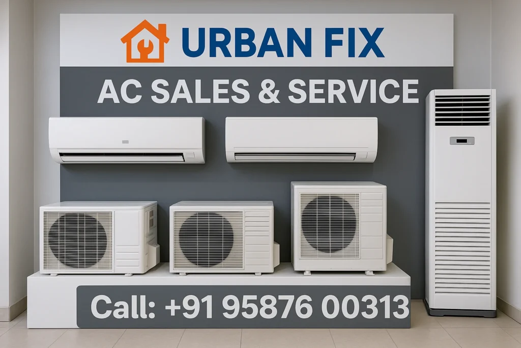 AC sales and service display with split, window and tower AC units – Urban Fix Bikaner