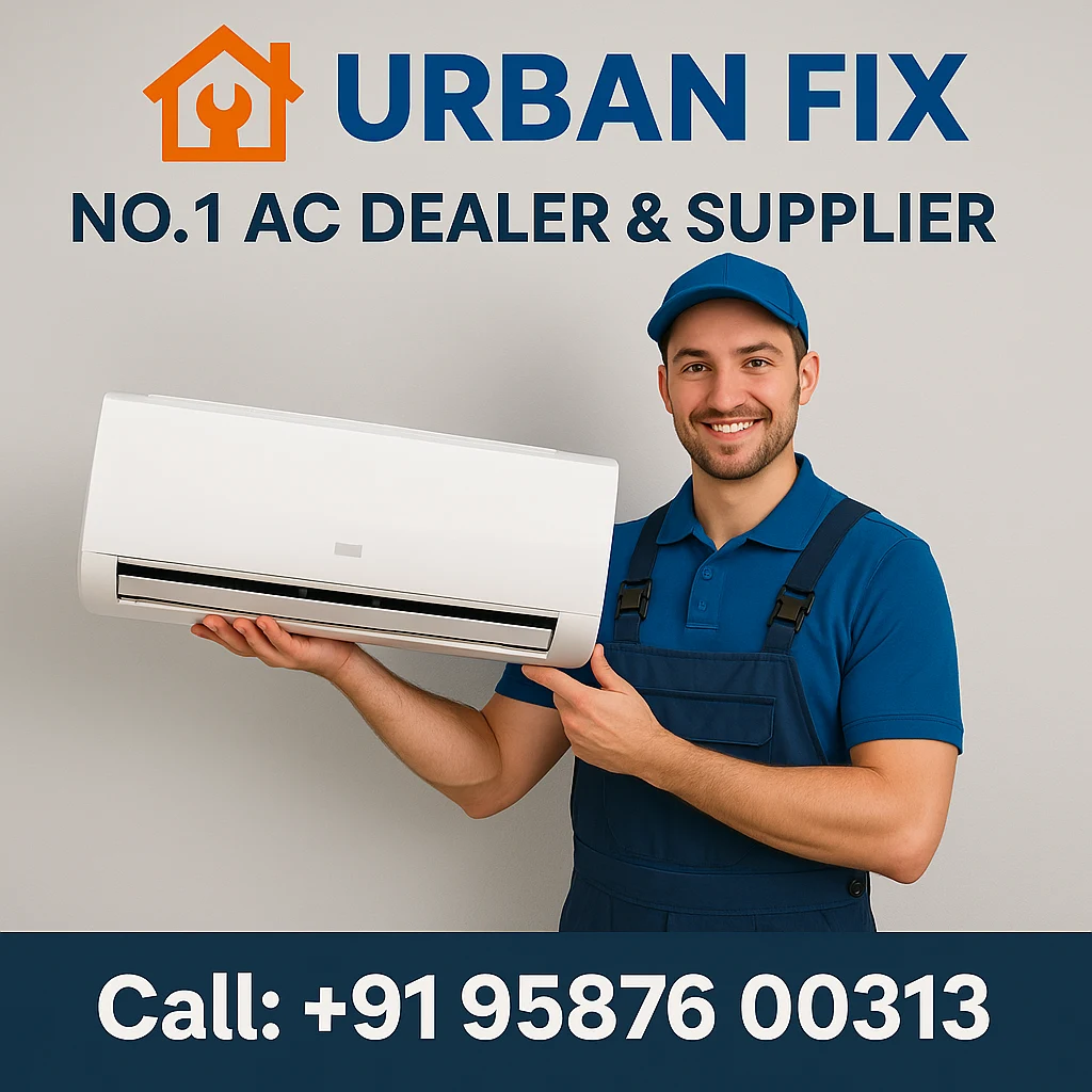 Technician presenting a new split AC unit – Urban Fix AC Dealer & Supplier in Bikaner