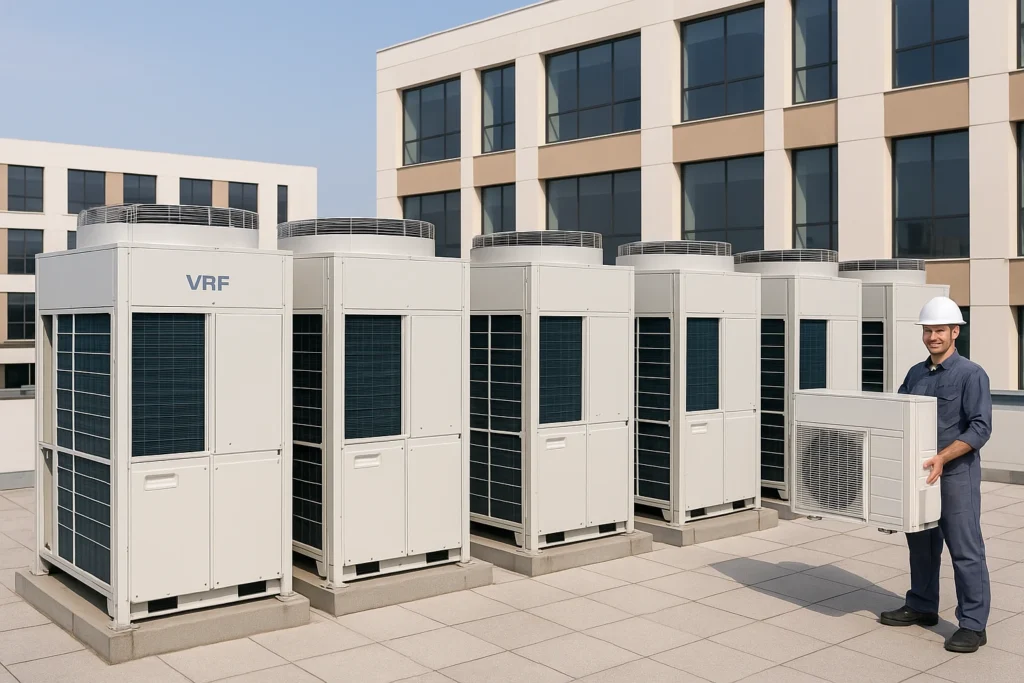 Rooftop VRF outdoor units with technician – Urban Fix HVAC VRF Service in Bikane
