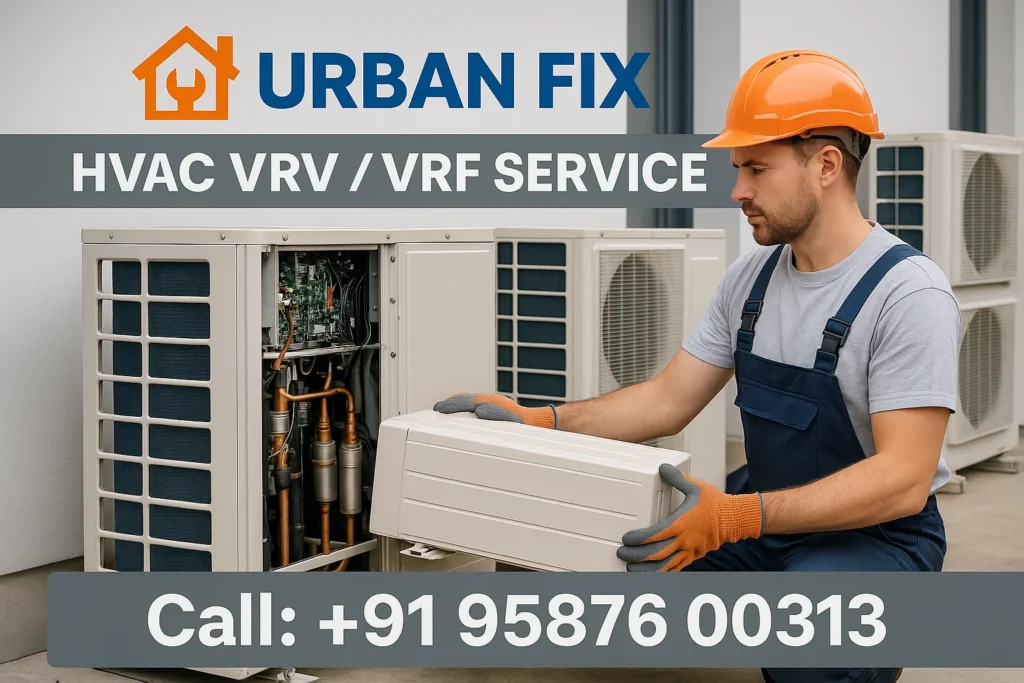 Technician inspecting VRV / VRF outdoor unit – Urban Fix HVAC Service in Bikaner