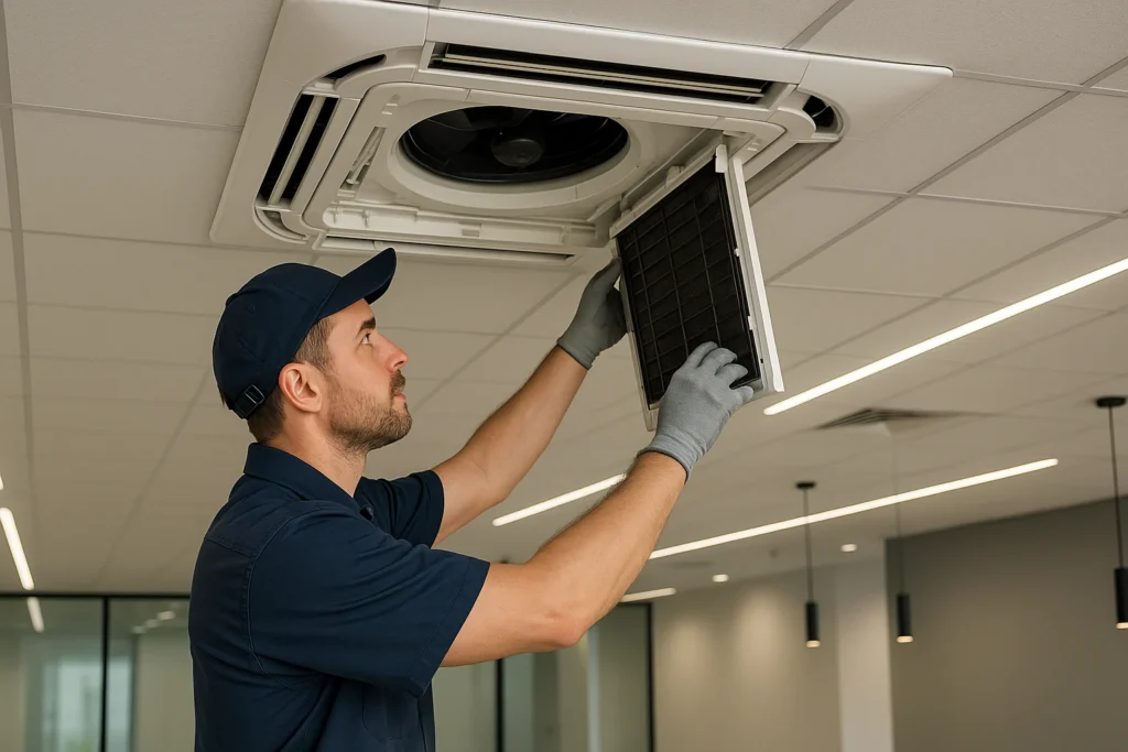 Cassette AC repair technician servicing ceiling AC unit in Bikaner – Urban Fix