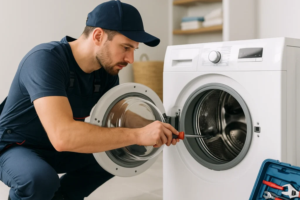 Technician repairing front load washing machine in Bikaner | Urban Fix washing machine repair service