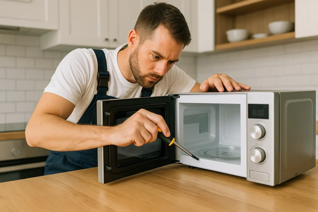 Technician repairing microwave in home kitchen | Urban Fix microwave repair service in Bikaner