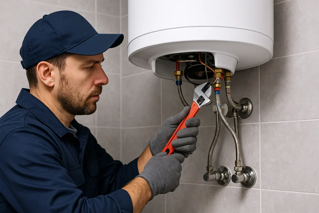 Technician repairing wall-mounted geyser in bathroom | Urban Fix geyser repair service in Bikaner