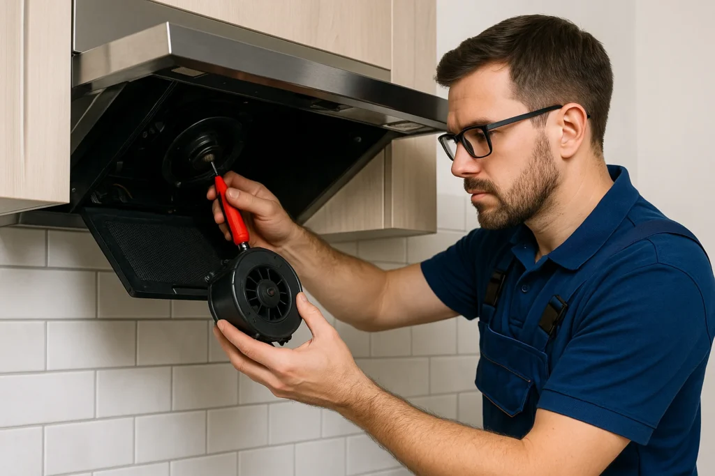 Technician repairing electric chimney motor in kitchen | Urban Fix chimney repair service in Bikaner
