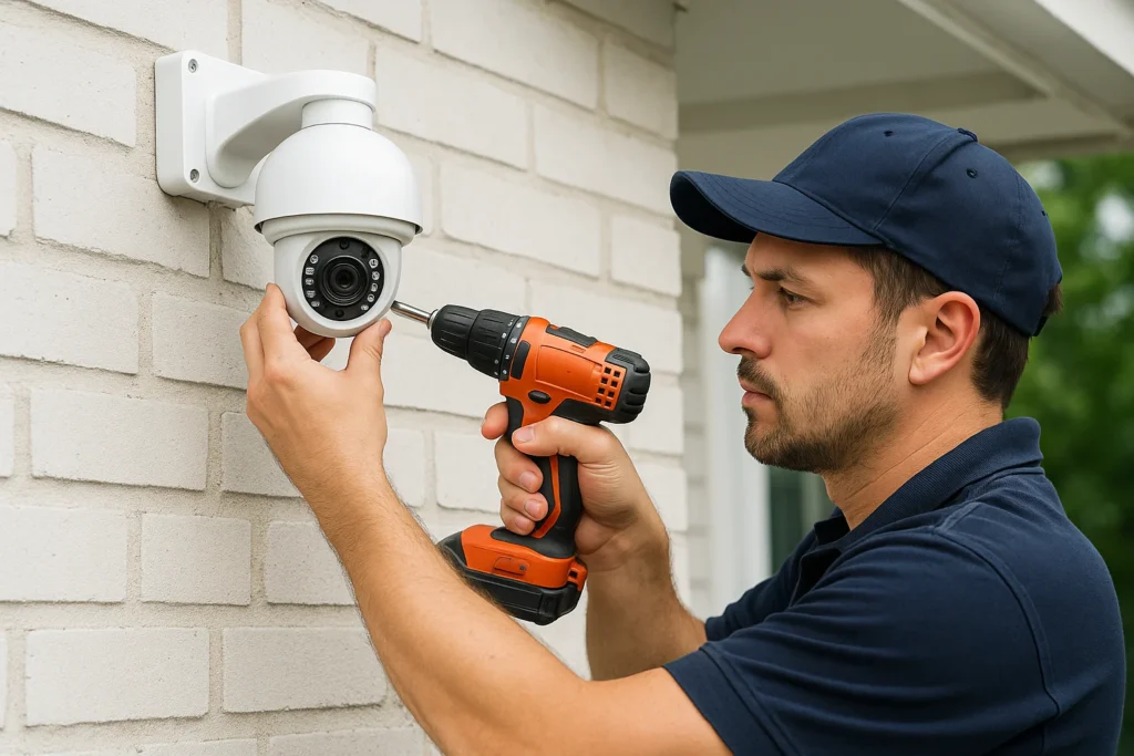 Technician installing CCTV camera on exterior wall | Urban Fix CCTV installation service in Bikaner
