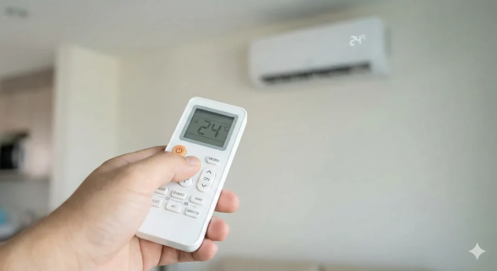 hand-setting-ac-remote-to-24-degrees-celsius-power-saving