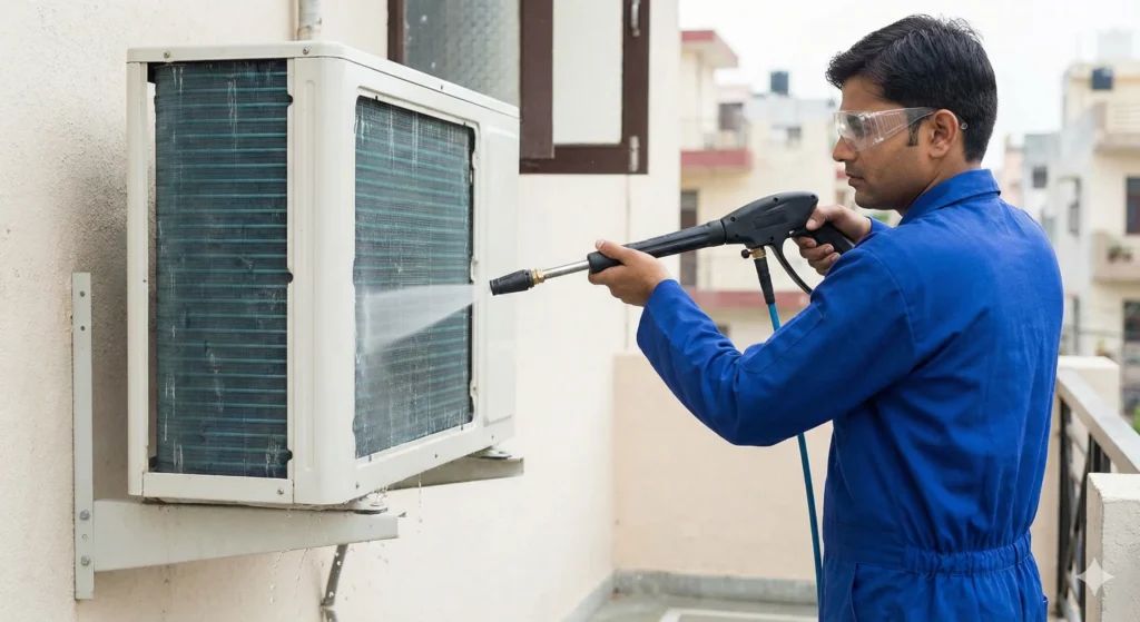 professional-ac-technician-using-pressure-jet-cleaning-outdoor-unit