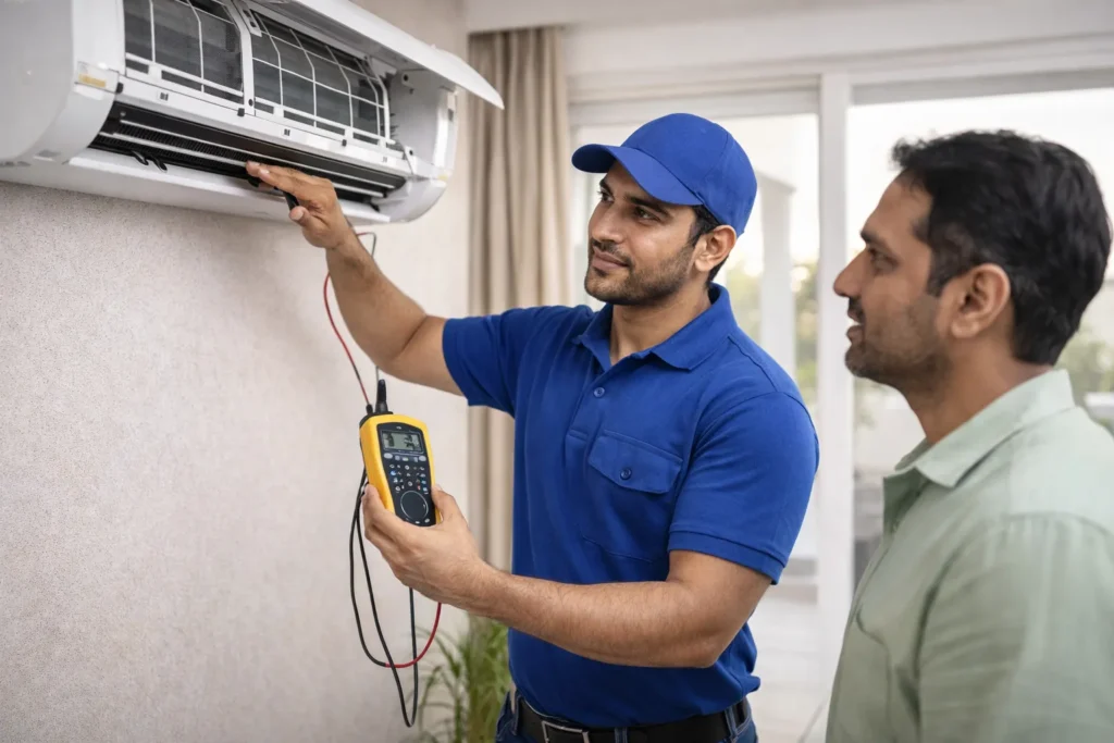 AC technician inspecting split AC before giving repair estimate