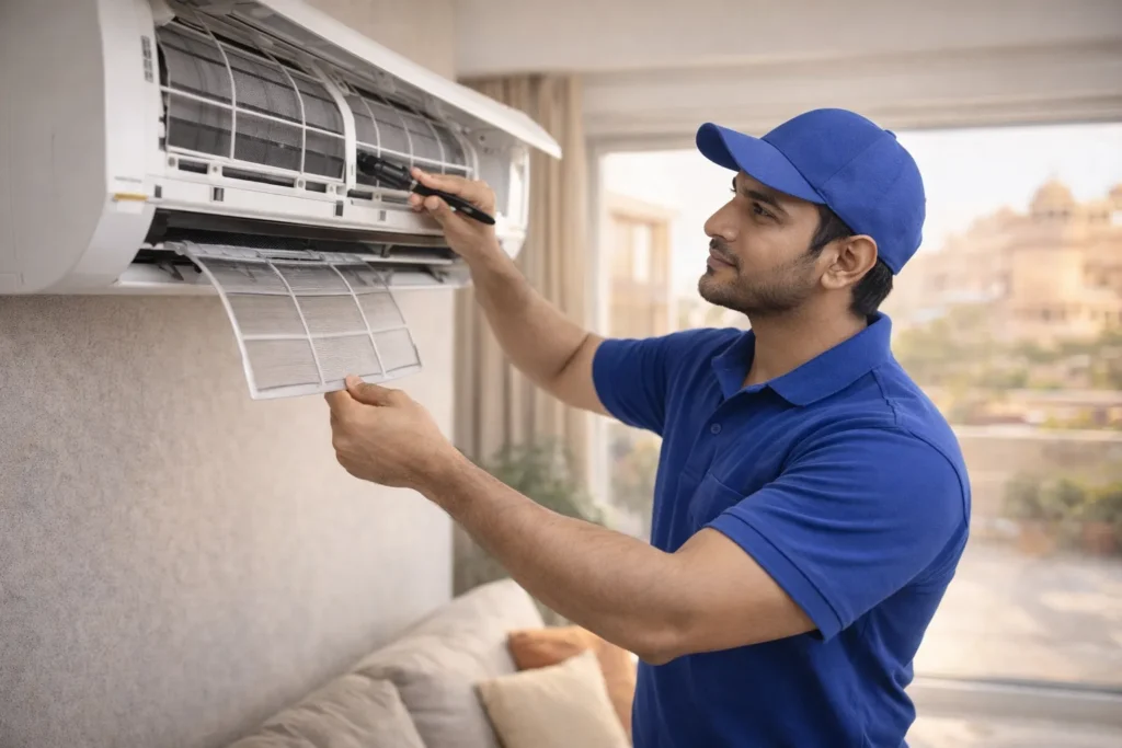 Technician servicing split AC at the best time before summer in Bikaner
