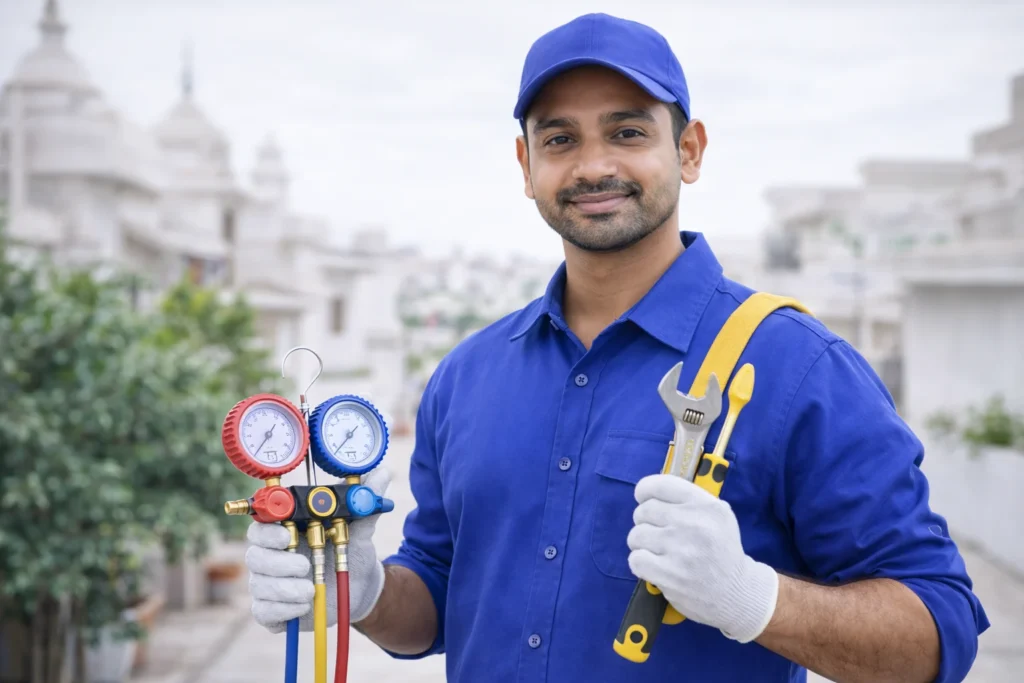 Professional AC technician with tools providing service in Bikaner