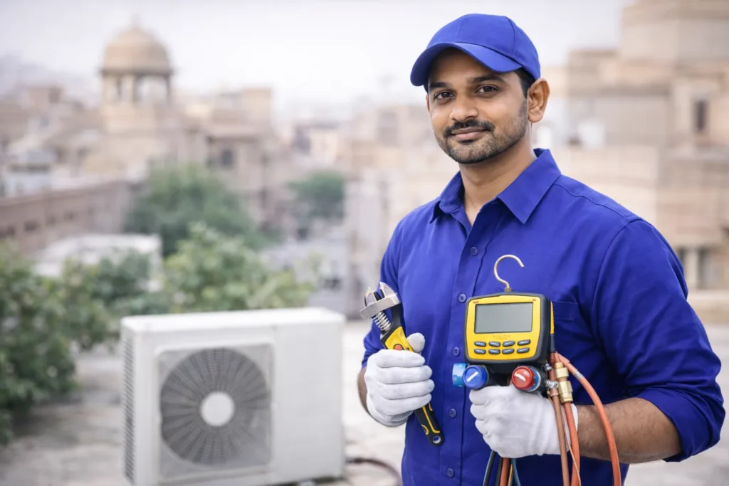 Professional split AC repair technician in Bikaner with tools