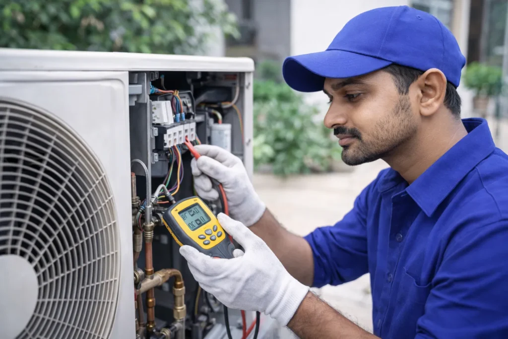 Technician checking split AC outdoor unit for cooling issues