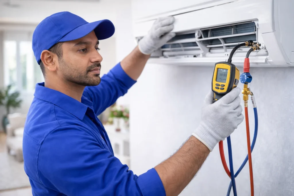 Technician inspecting split AC to check gas level in Bikaner