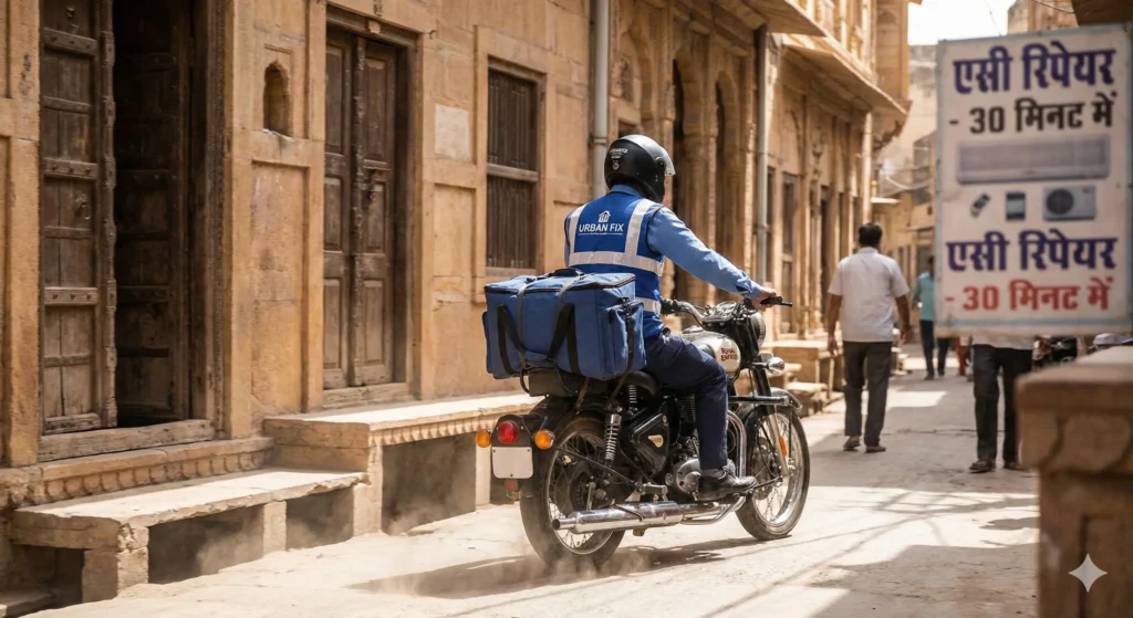 Urban Fix AC technician in blue uniform riding a Royal Enfield bike with tool bag through a narrow sandstone street in Gangashahar, Bikaner. A sign board says 'AC Repair - 30 Min Mein