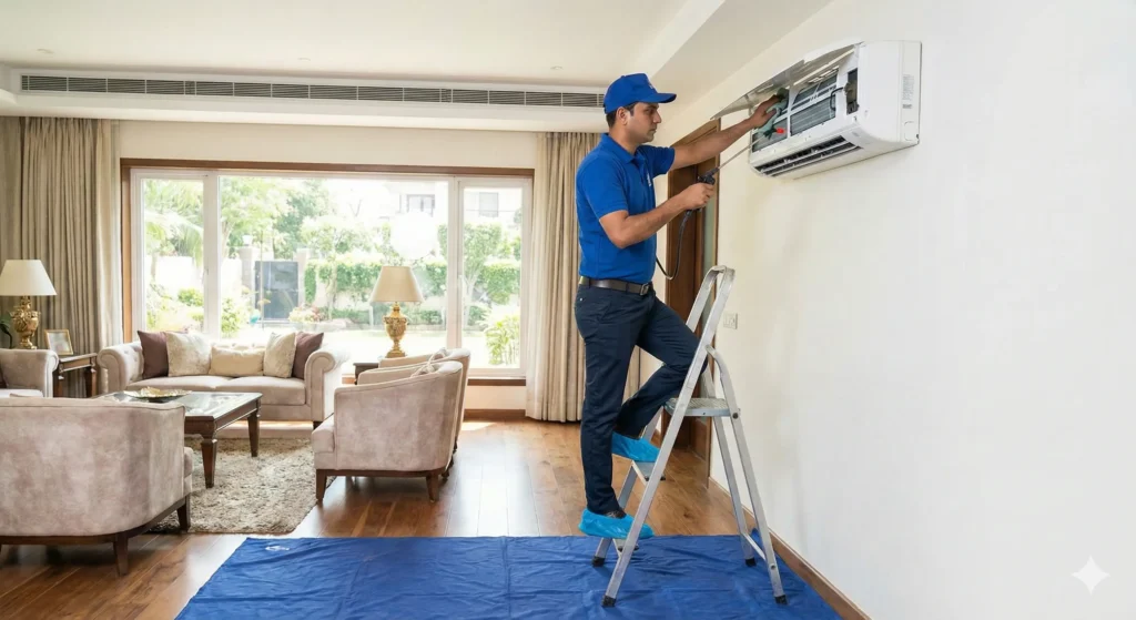 Professional AC technician in JNV Colony Bikaner wearing shoe covers and using floor mat for mess-free split AC service