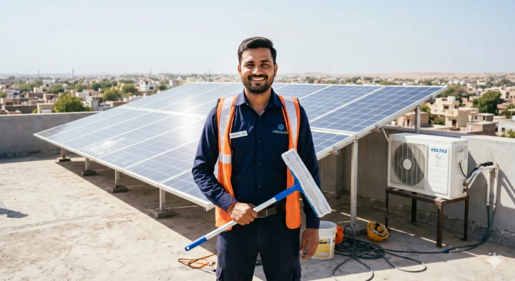 Urban Fix technician providing AC repair and solar panel maintenance combo service in Bikaner.