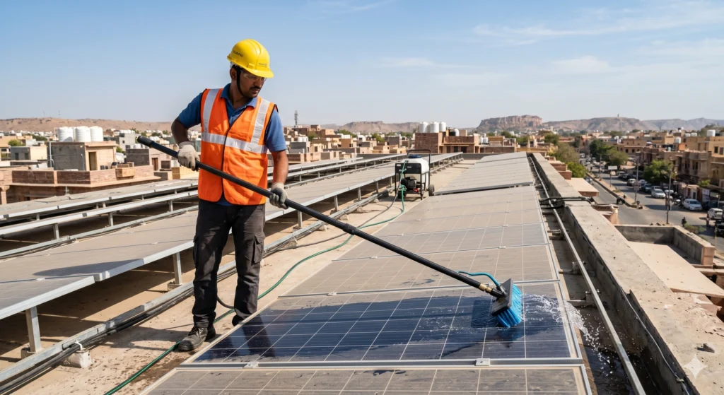 Urban Fix professional technician cleaning solar panels with telescopic brush in Bikaner.