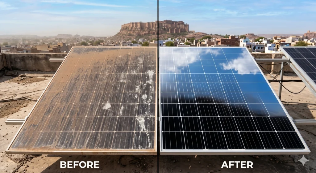 Before and after results of solar panel cleaning showing removal of Bikaner dust and hard water stains.