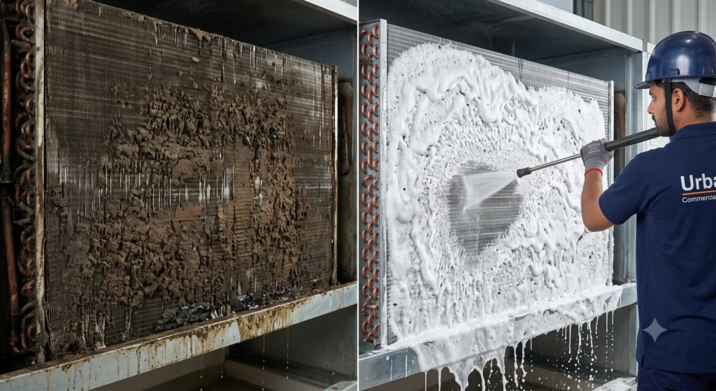 Ductable AC heavy coil chemical cleaning before and after
